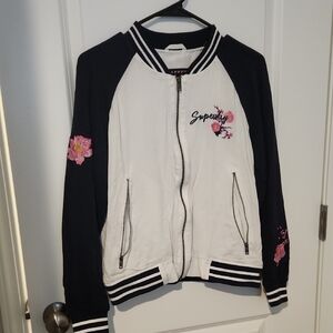 Superdry Women's Navy and White Bomber Jacket with Pink Floral Accents